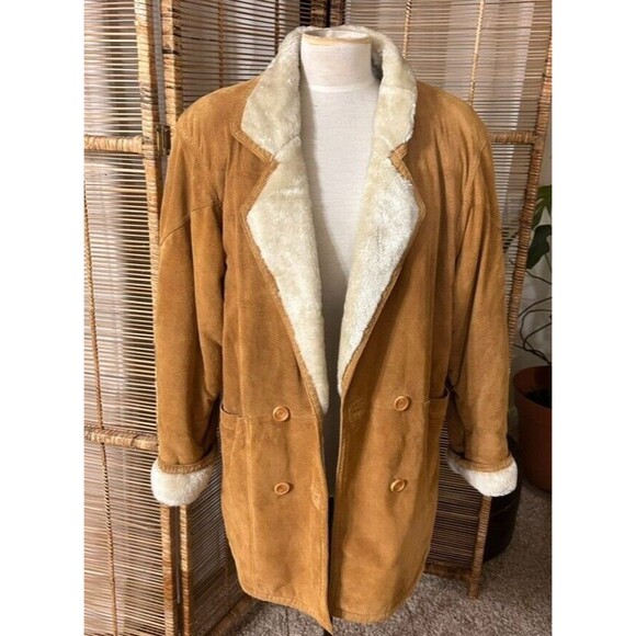 Vintage Town and Country suede leather faux shearling lined jacket coat Large - Picture 1 of 7